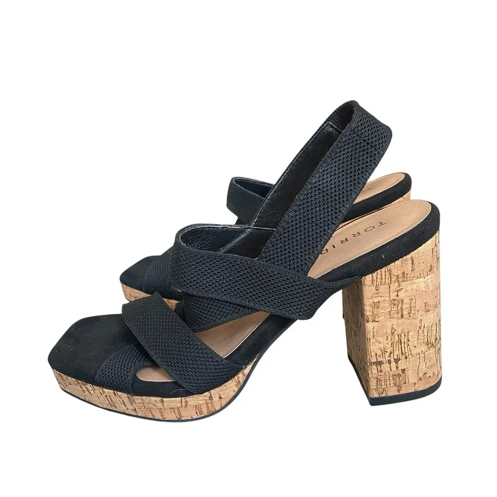 Torrid Platform Chunky Cork Heeled Sandals Size 8.5WW Black Strappy Open Toe
